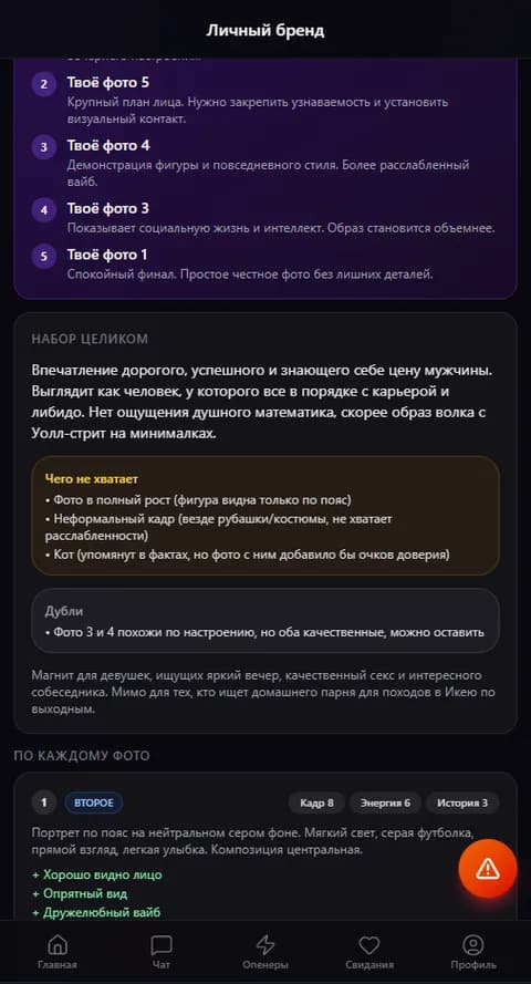 Разбор анкеты целиком: порядок фото с обоснованием каждой позиции